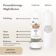 Load image into Gallery viewer, Taufkerze "Albert" Wal hell blau mit christlichen Symbolen - personalisiert
