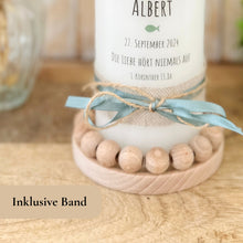 Load image into Gallery viewer, Taufkerze "Albert" Wal hell blau mit christlichen Symbolen - personalisiert
