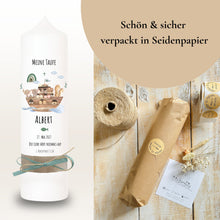 Load image into Gallery viewer, Taufkerze "Albert" Wal hell blau mit christlichen Symbolen - personalisiert
