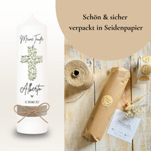 Load image into Gallery viewer, Taufkerze "Alberto" Eukalyptuskreuz - personalisiert
