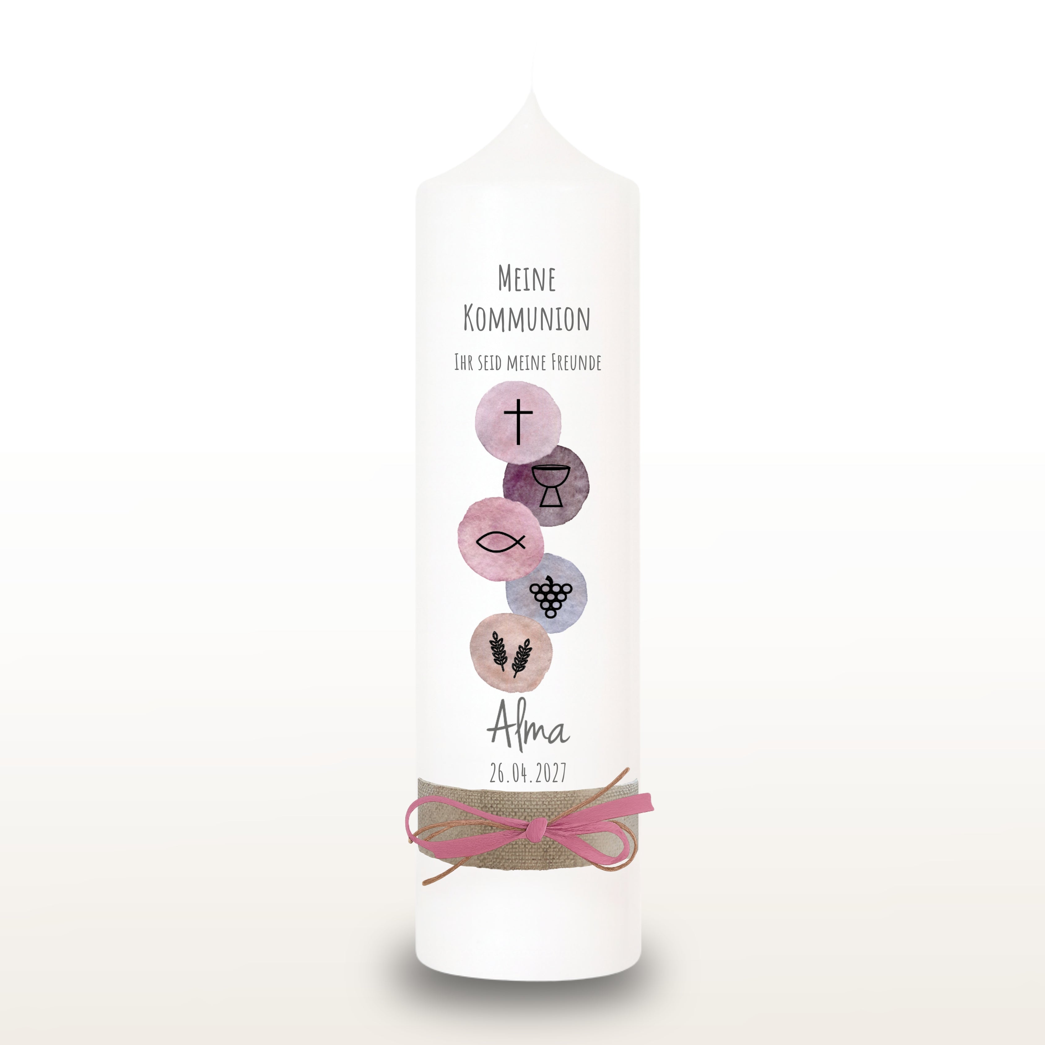 Kommunionkerze Symbole rosa für Mädchen – personalisiert