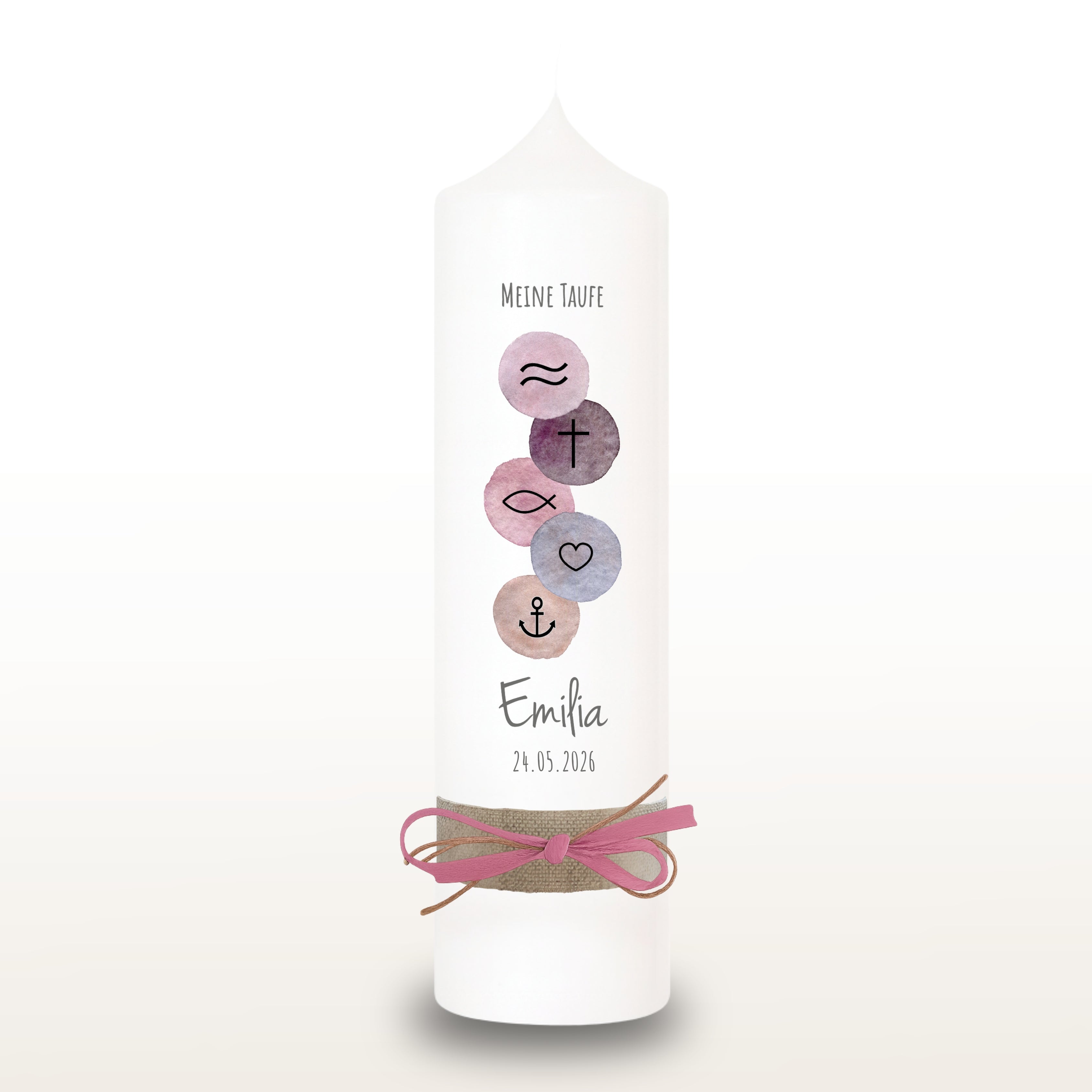 Taufkerze Symbole rosa, personalisiert