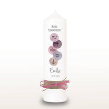 Lade das Bild in den Galerie-Viewer, Kommunionkerze &quot;Emilia&quot; christliche Symbole - personalisiert
