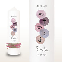 Load image into Gallery viewer, Taufkerze "Emilia" christliche Symbole - personalisiert
