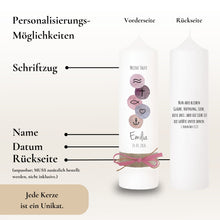 Lade das Bild in den Galerie-Viewer, Taufkerze &quot;Emilia&quot; christliche Symbole - personalisiert
