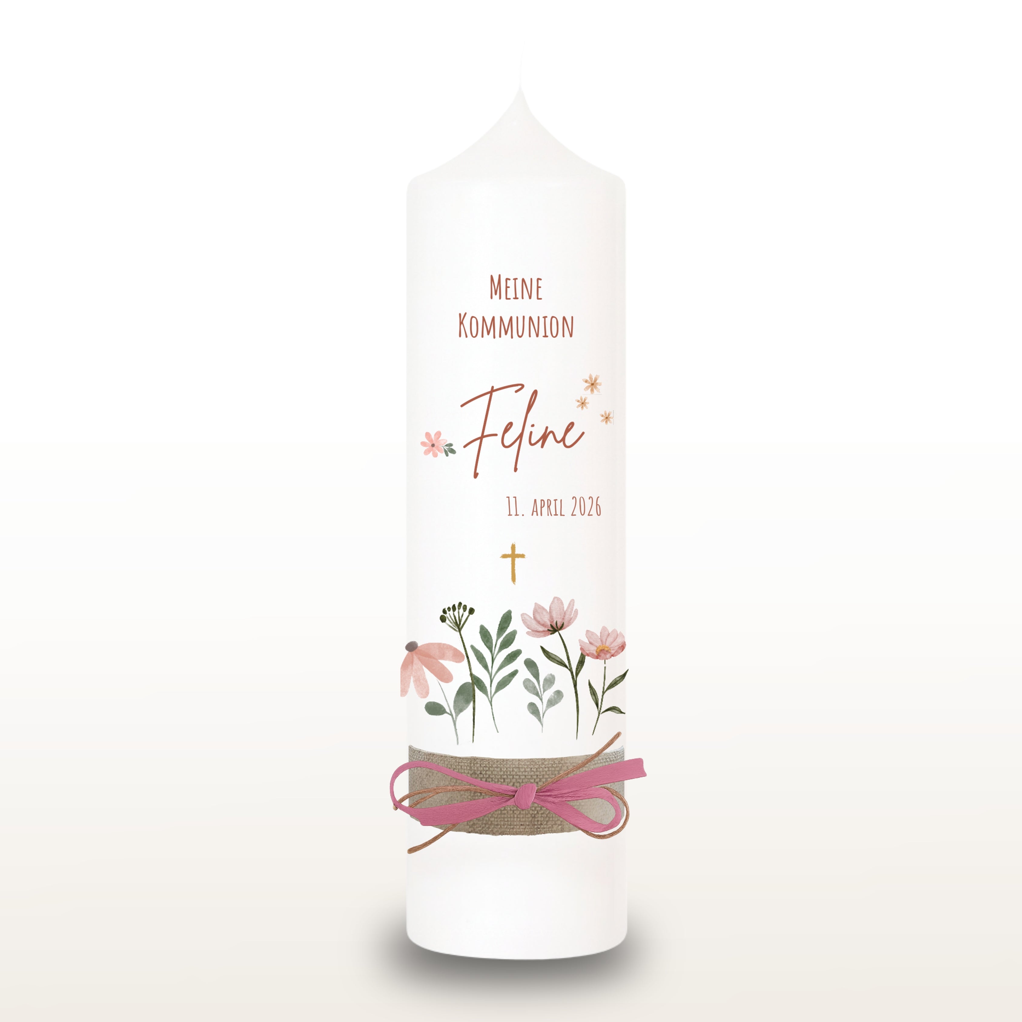 Kommunionkerze Wildblumen rosa für Mädchen – personalisiert