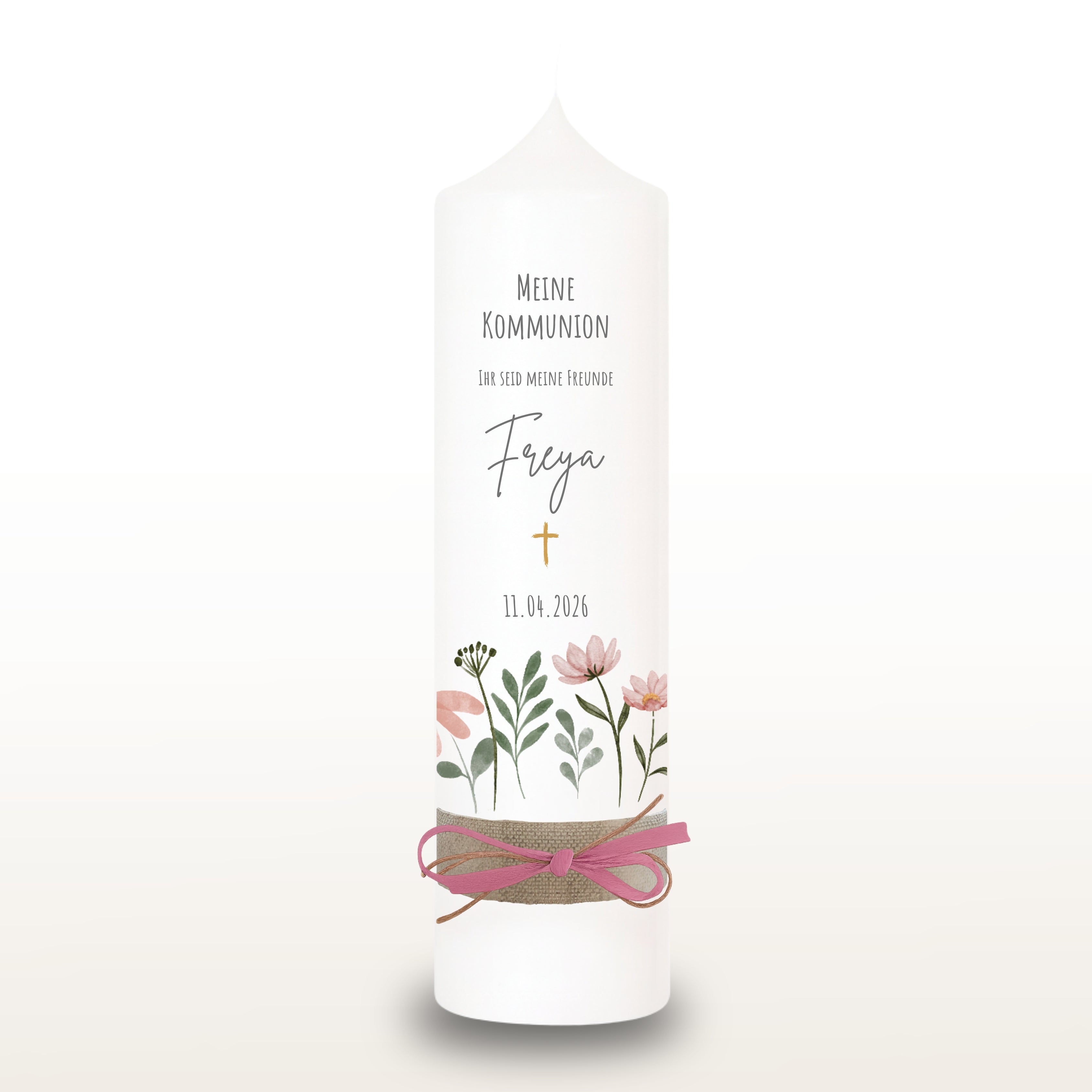 Kommunionkerze Wildblumen rosa für Mädchen – personalisiert