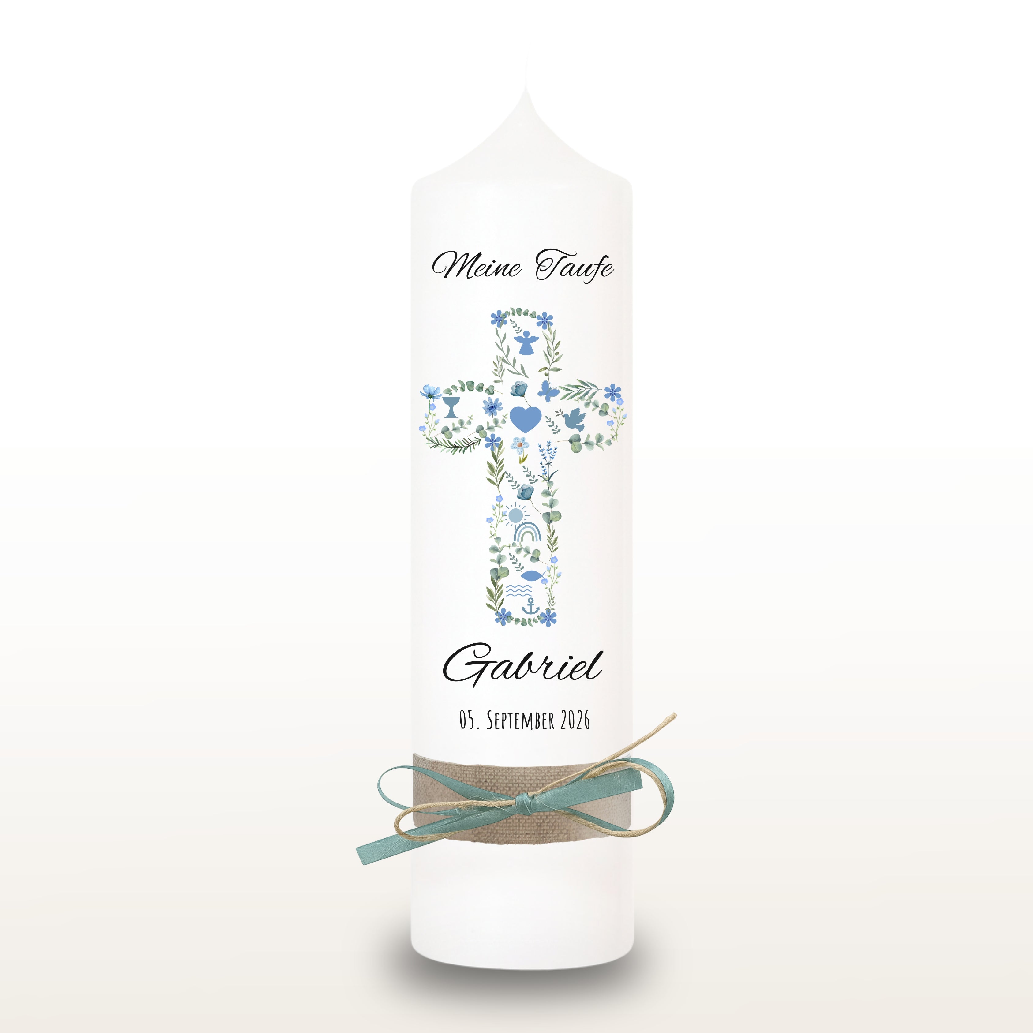 Taufkerze Kreuz Blumen Symbole blau, personalisiert
