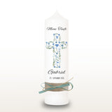Taufkerze Kreuz Blumen Symbole blau, personalisiert