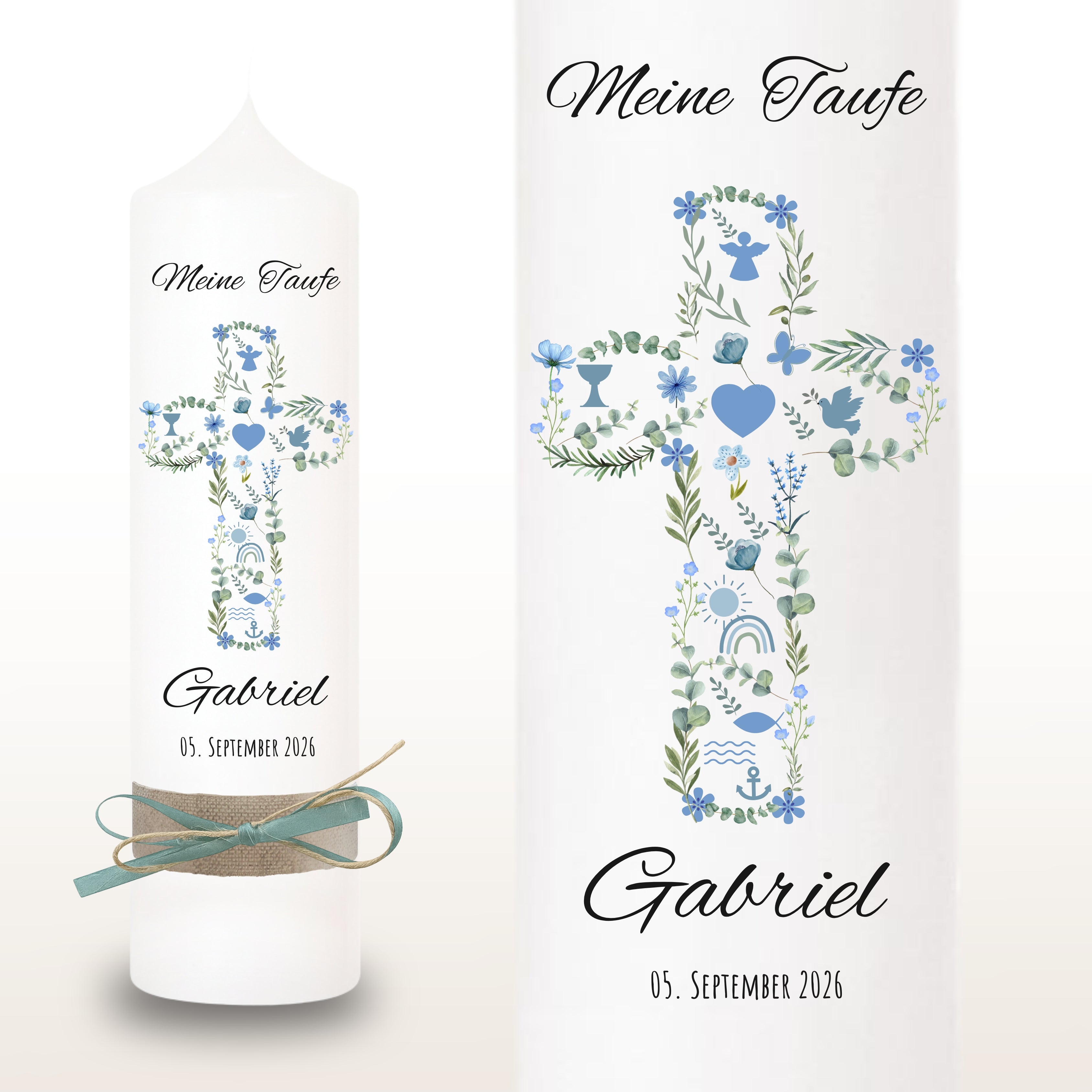 Taufkerze Kreuz Blumen Symbole blau – Ansicht 2