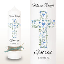 Load image into Gallery viewer, Taufkerze „Gabriel" Kreuz | christliche Symbole | Rosa - personalisiert
