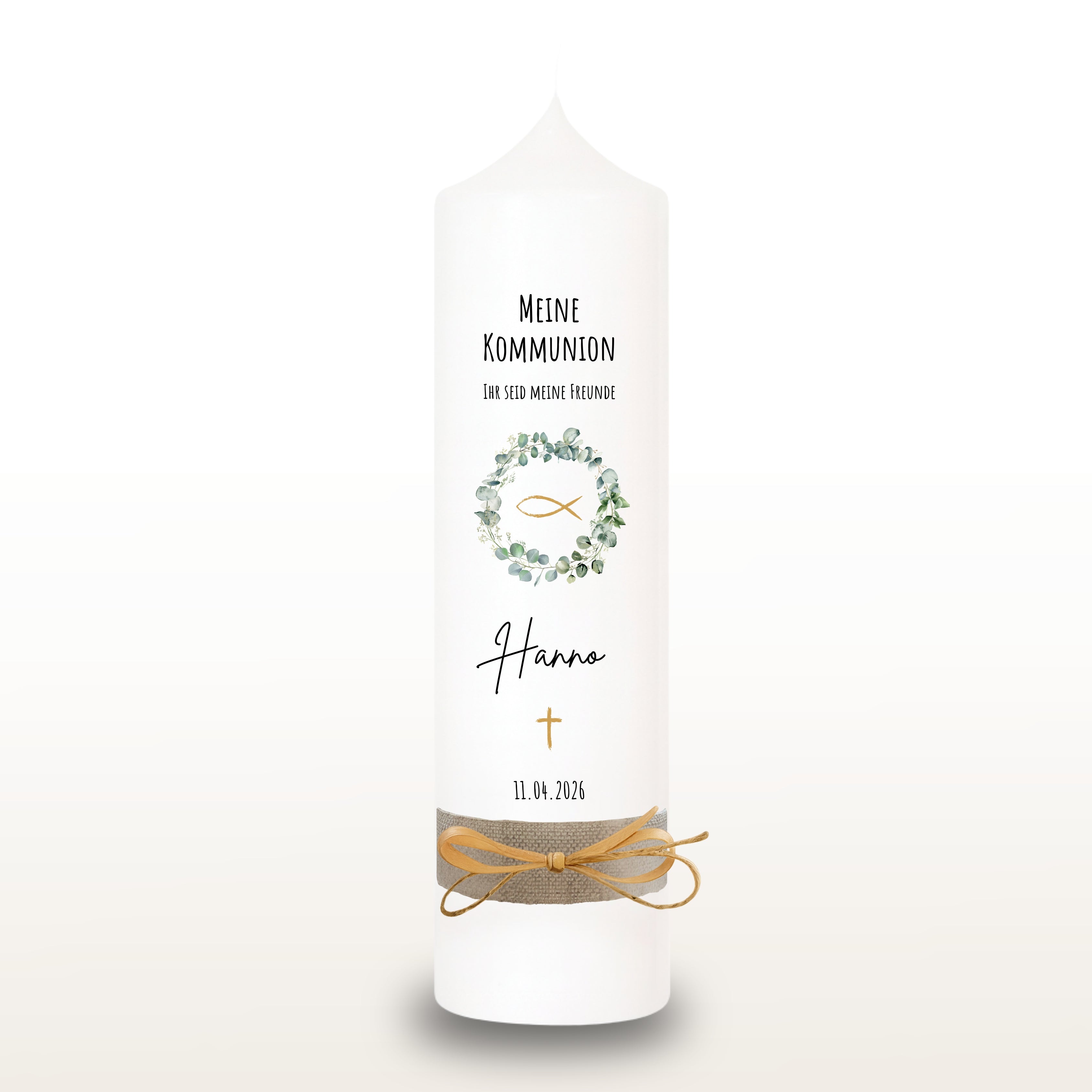 Kommunionkerze Eukalyptus gold für Mädchen – personalisiert