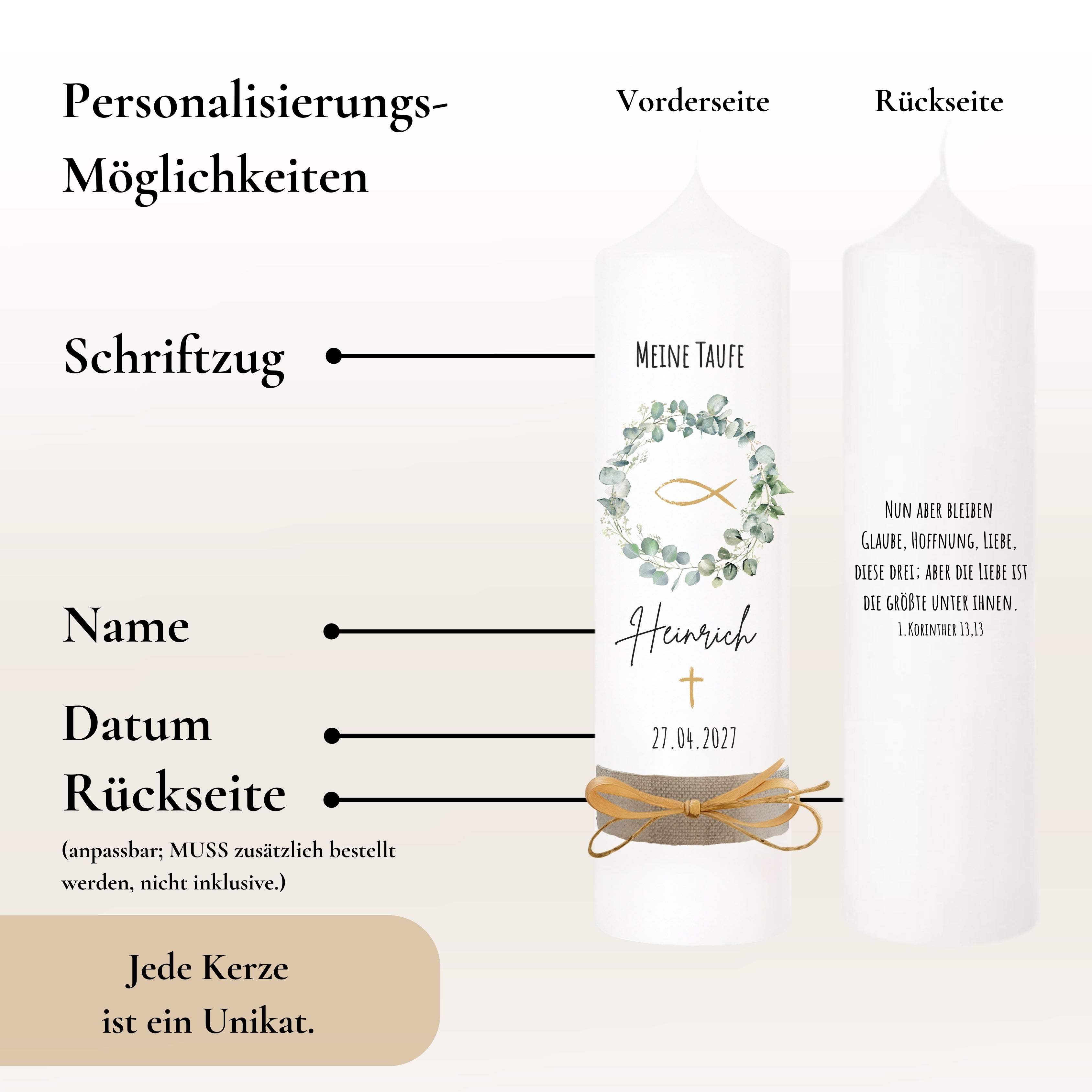 Taufkerze Blumenkranz Fisch grün gold – Ansicht 4