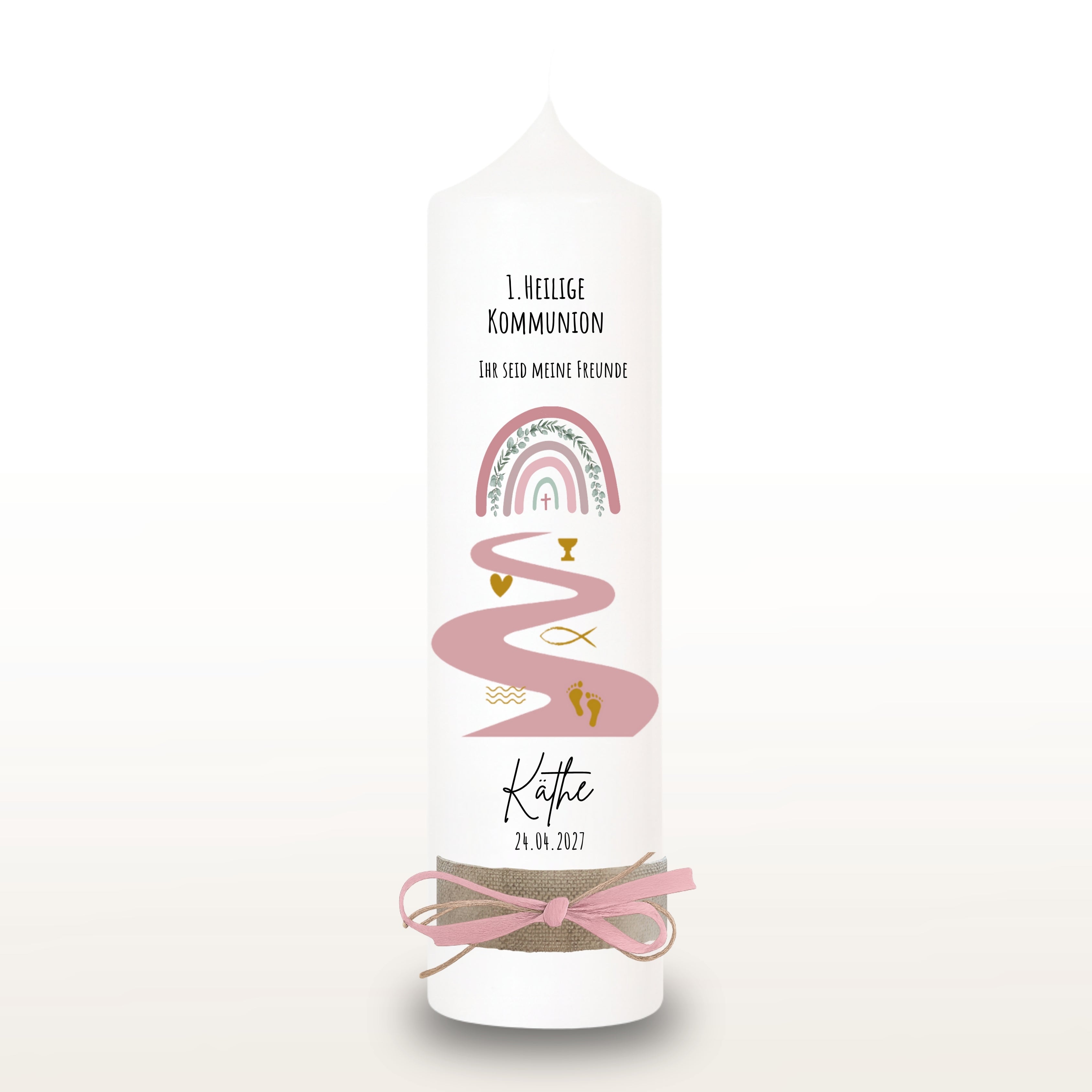 Kommunionkerze Eukalyptus Regenbogen Fluß rosa für Mädchen – personalisiert