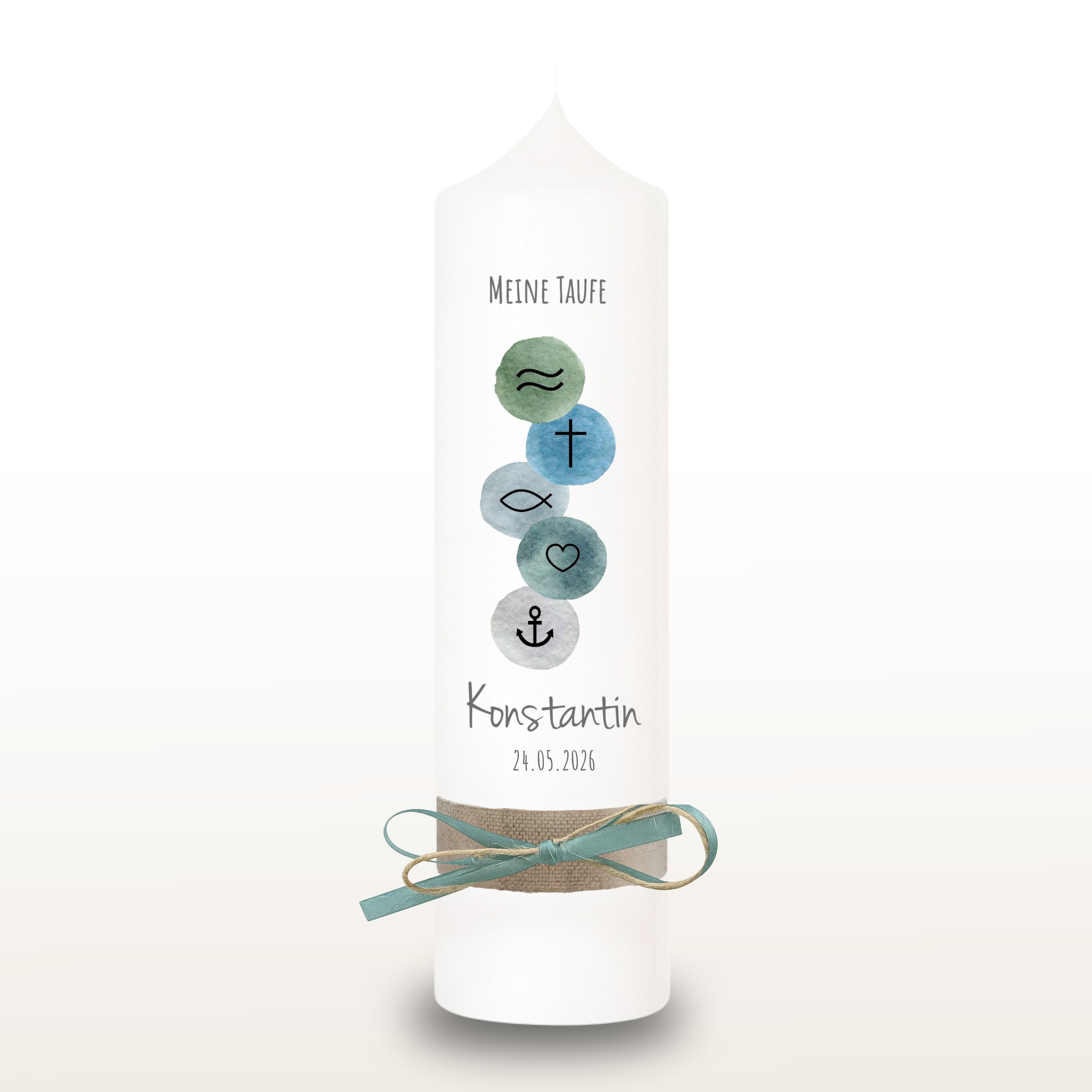 Taufkerze Symbole blau, personalisiert
