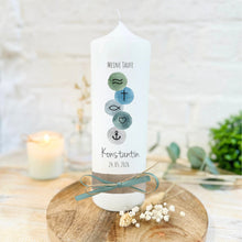 Lade das Bild in den Galerie-Viewer, Taufkerze "Konstantin" christliche Symbole - personalisiert
