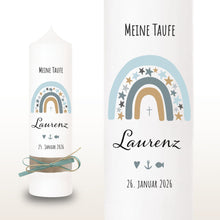 Load image into Gallery viewer, Taufkerze "Laurenz" Sterne Regenbogen - personalisiert

