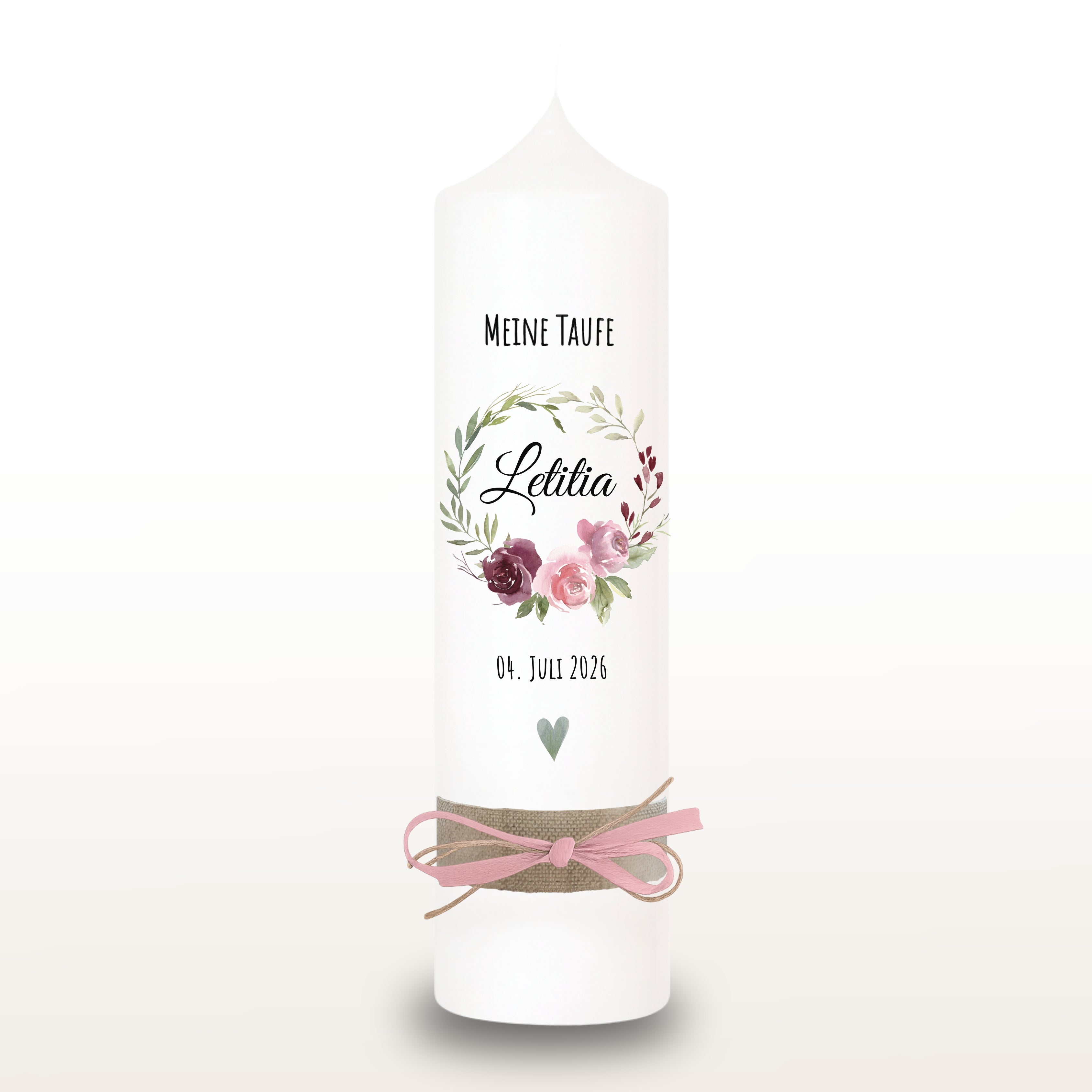 Taufkerze Blattkranz Rosen rosa, personalisiert