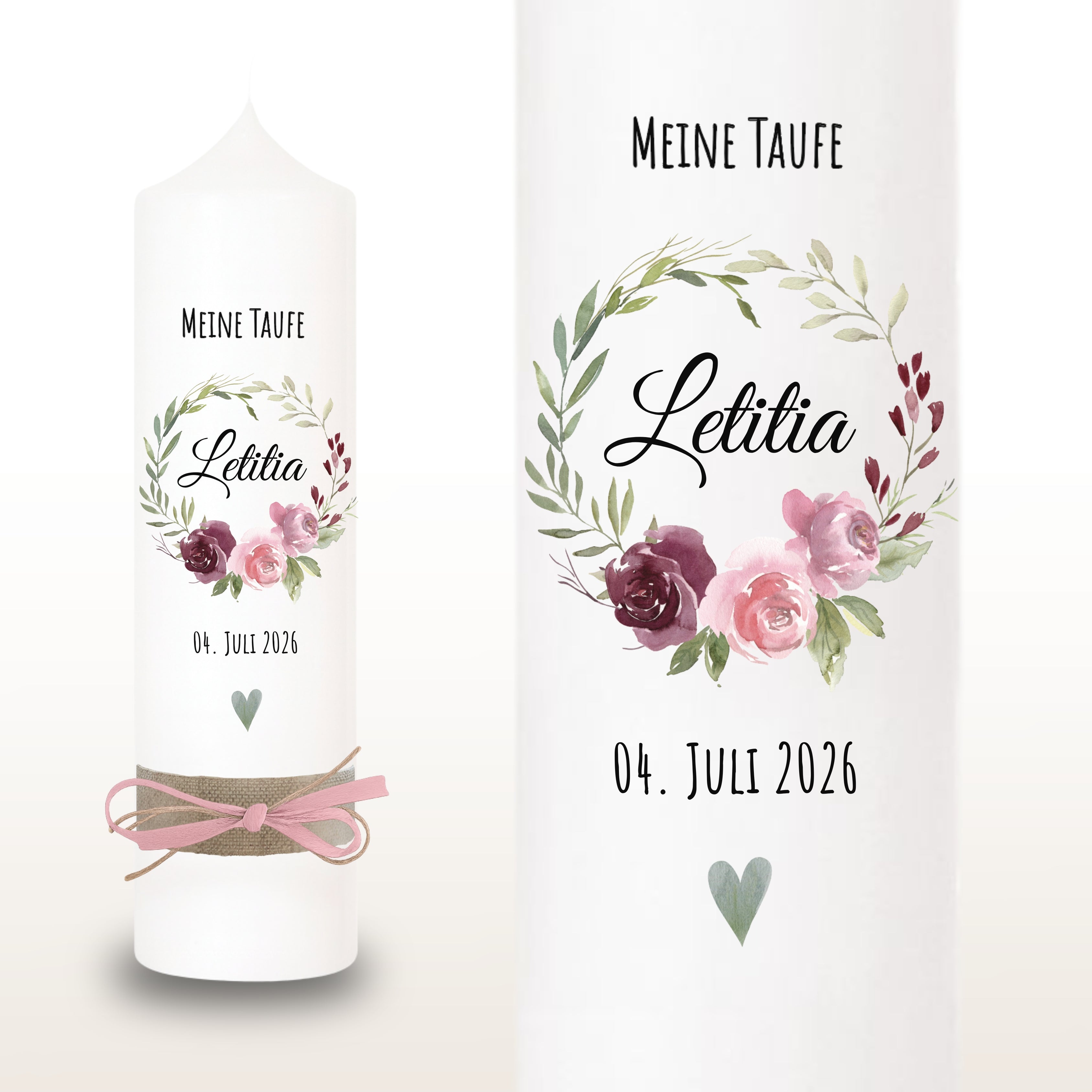 Taufkerze Blattkranz Rosen rosa – Ansicht 2