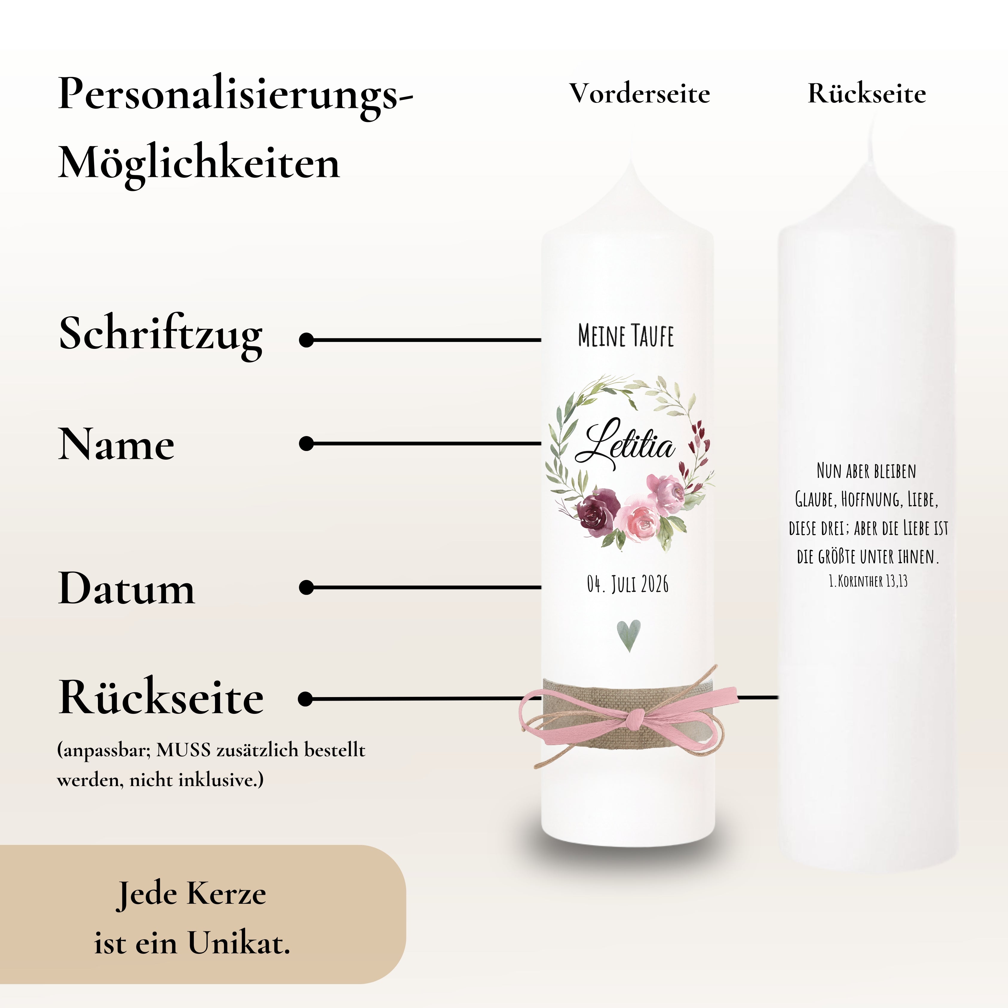 Taufkerze Blattkranz Rosen rosa – Ansicht 4