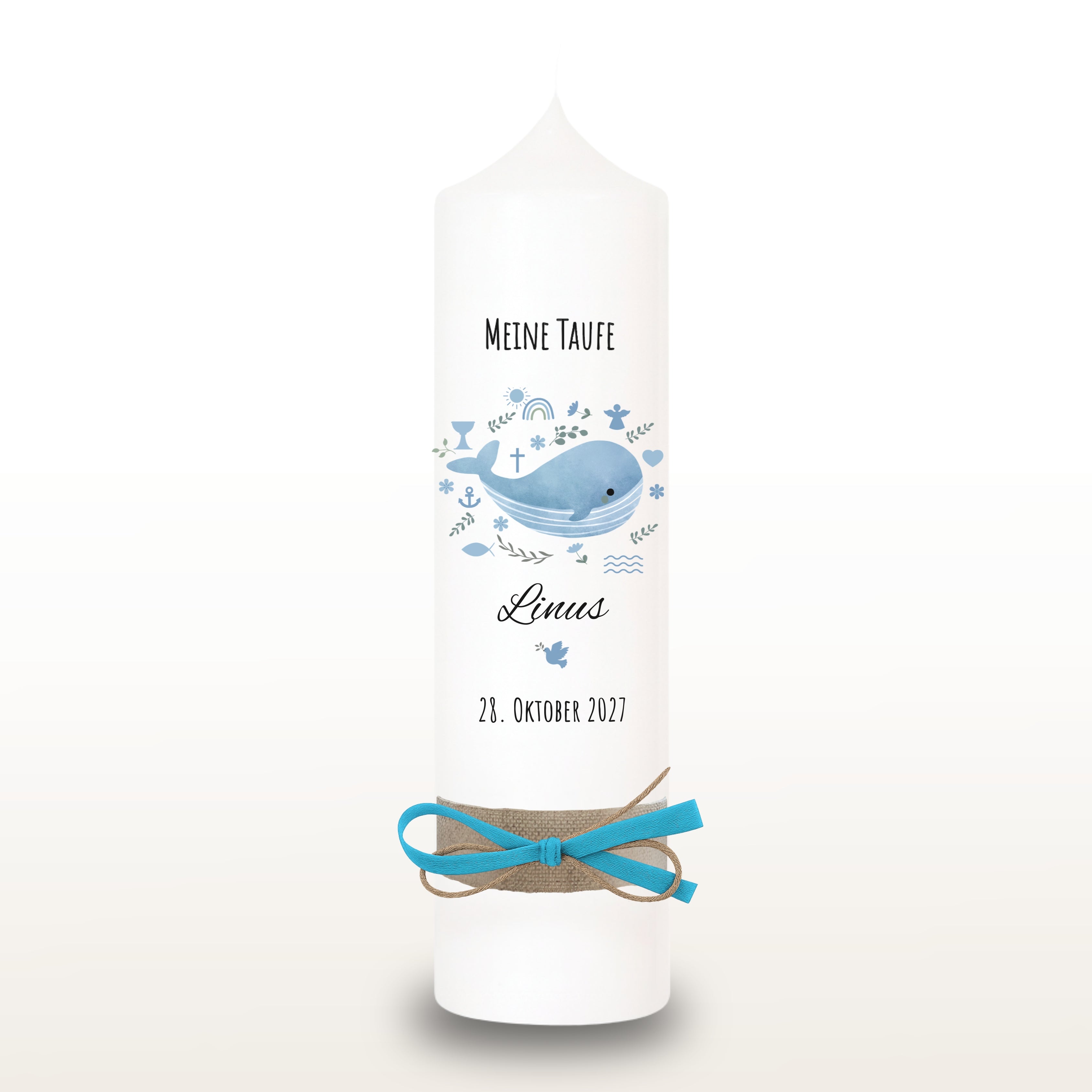 Taufkerze Wal Symbole blau, personalisiert