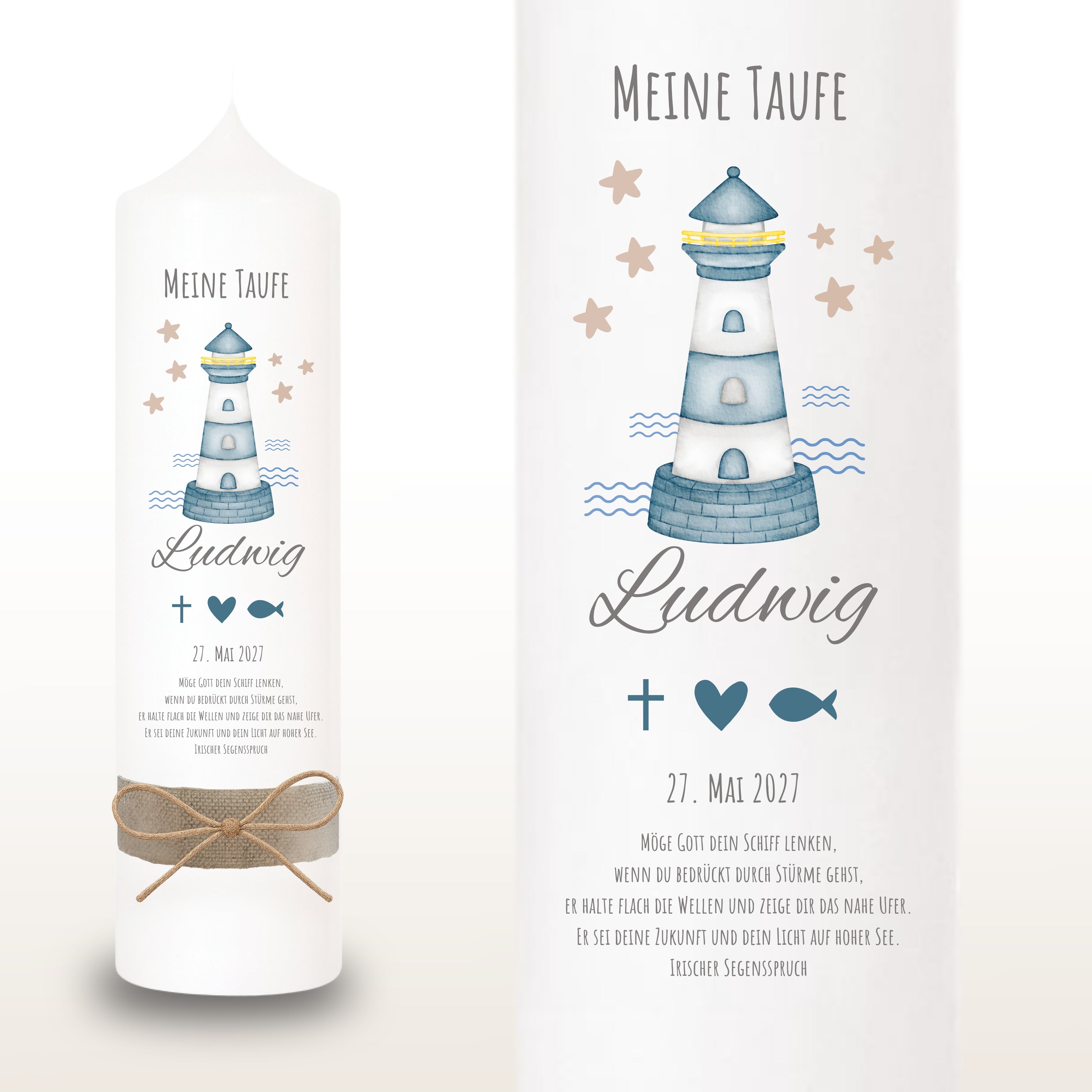 Taufkerze Wal Symbole blau – Ansicht 2