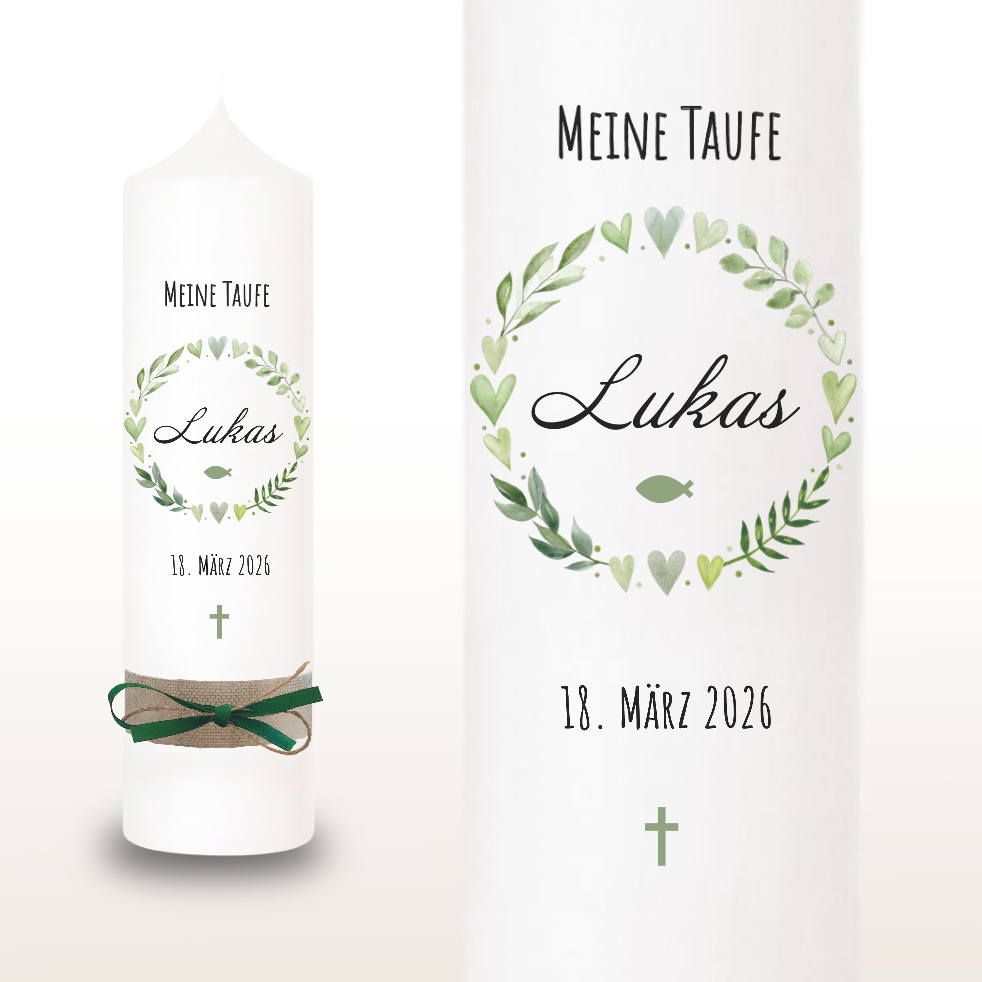 Taufkerze Blattkranz Herz grün – Ansicht 2