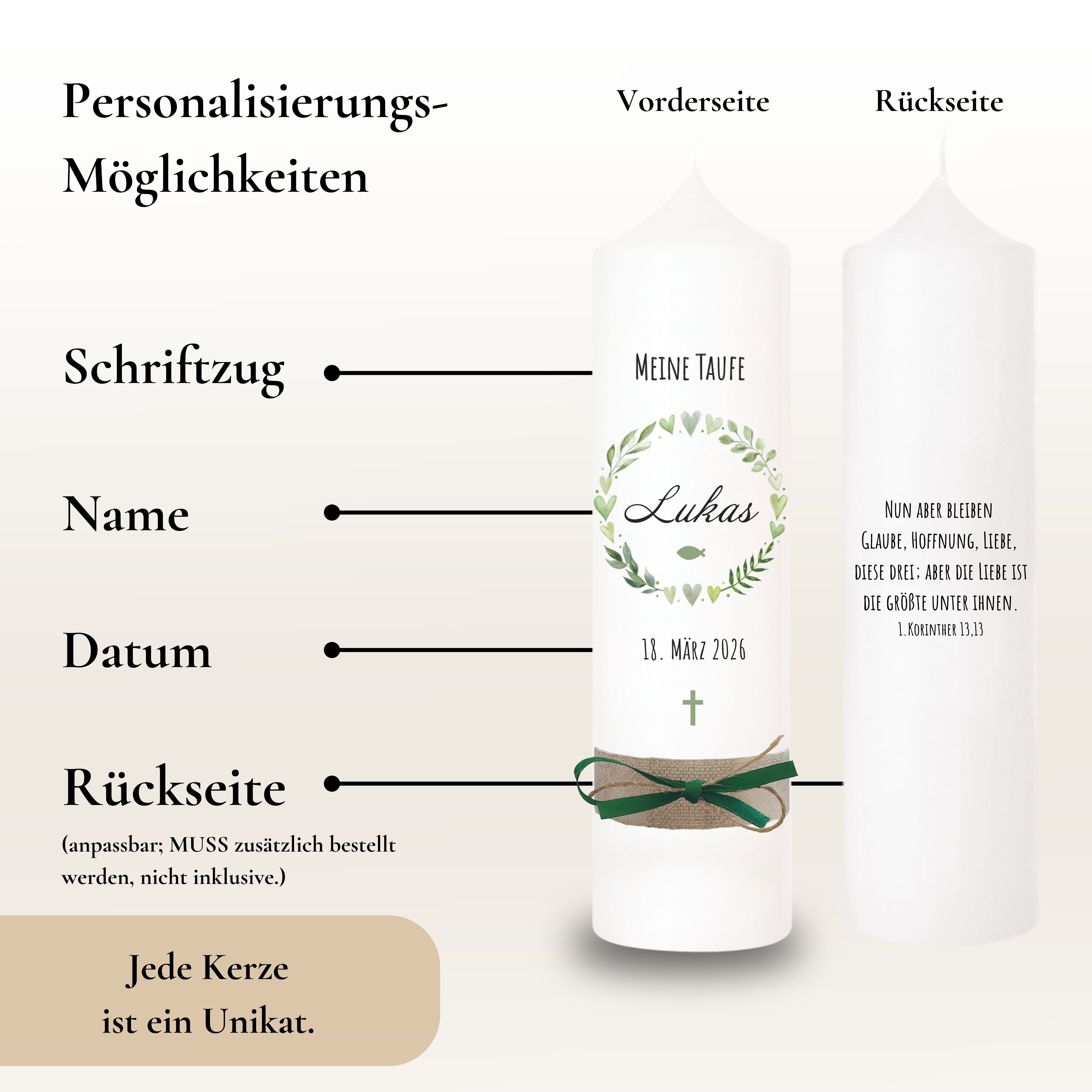 Taufkerze Blattkranz Herz grün – Ansicht 4