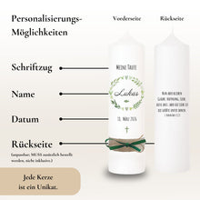 Lade das Bild in den Galerie-Viewer, Taufkerze &quot;Lukas&quot; Blätterherzenkranz - personalisiert
