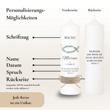 Lade das Bild in den Galerie-Viewer, Taufkerze &quot;Marina&quot; Eukalyptusfisch Spruch - personalisiert
