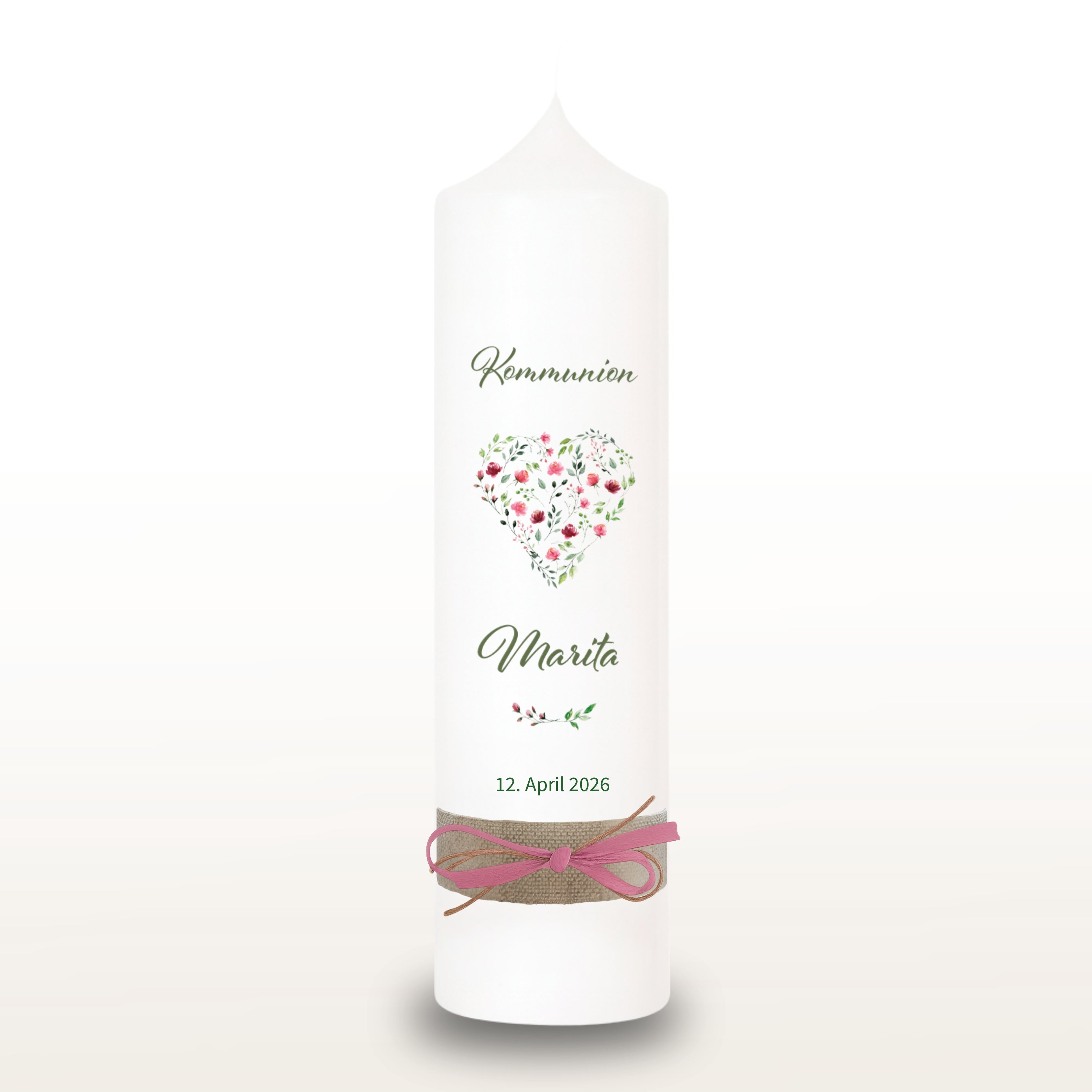 Kommunionkerze Pfingstrosen rosa für Mädchen – personalisiert