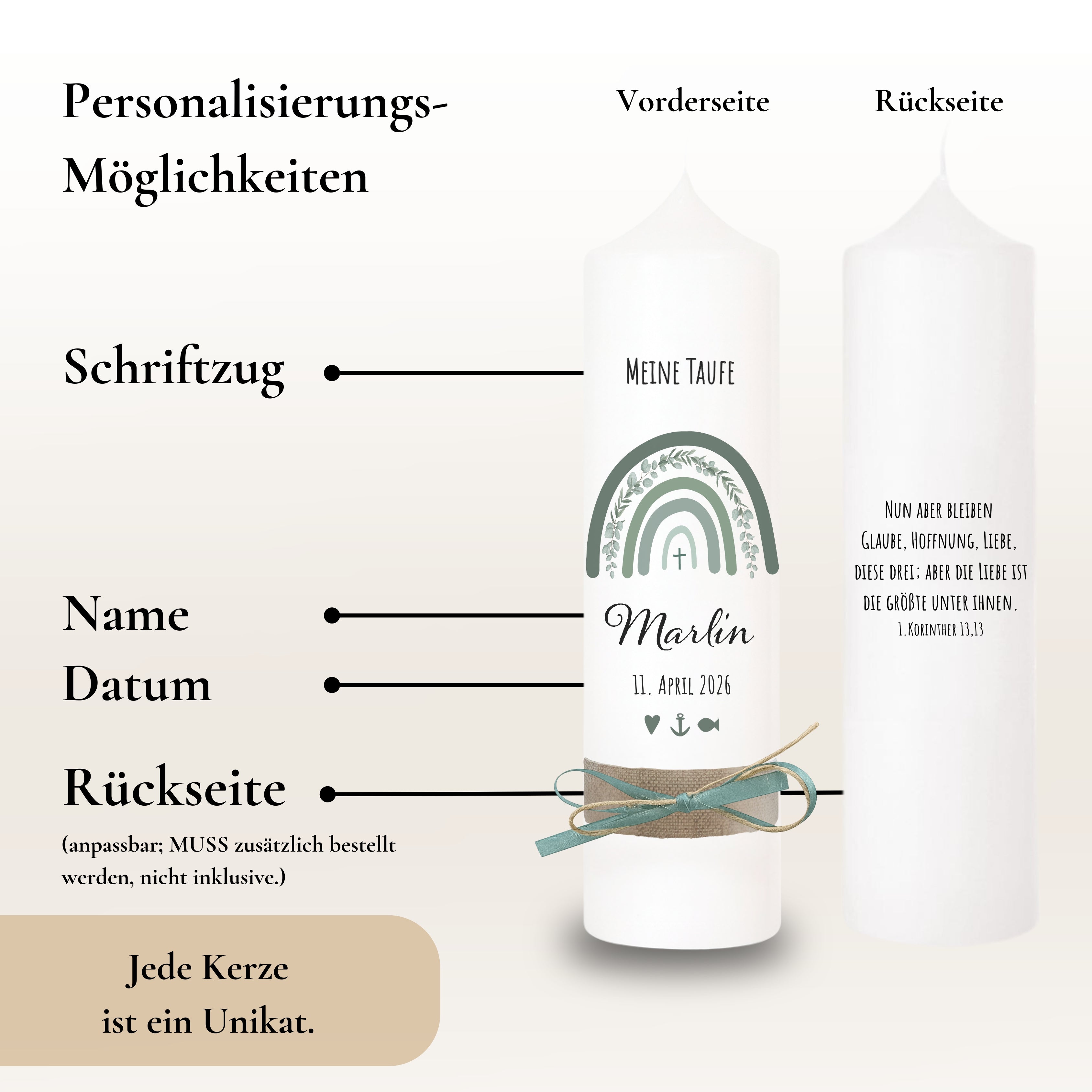 Taufkerze Eukalyptus Regenbogen grau – Ansicht 4