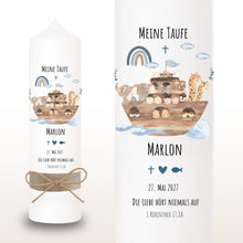 Load image into Gallery viewer, Taufkerze "Marlon" Wal hell blau mit christlichen Symbolen - personalisiert
