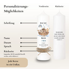 Lade das Bild in den Galerie-Viewer, Taufkerze &quot;Marlon&quot; Wal hell blau mit christlichen Symbolen - personalisiert
