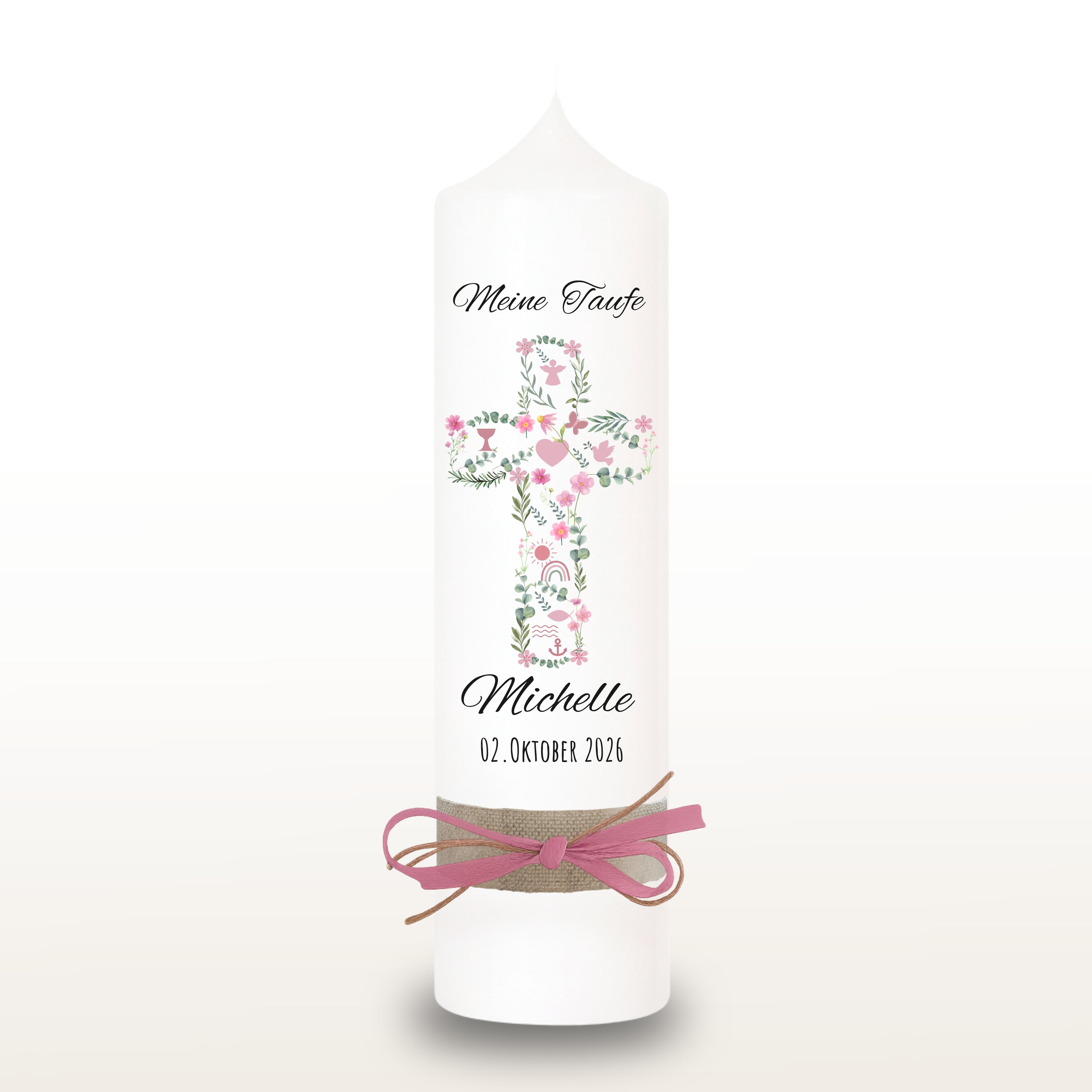 Taufkerze Kreuz Blumen Symbole rosa, personalisiert