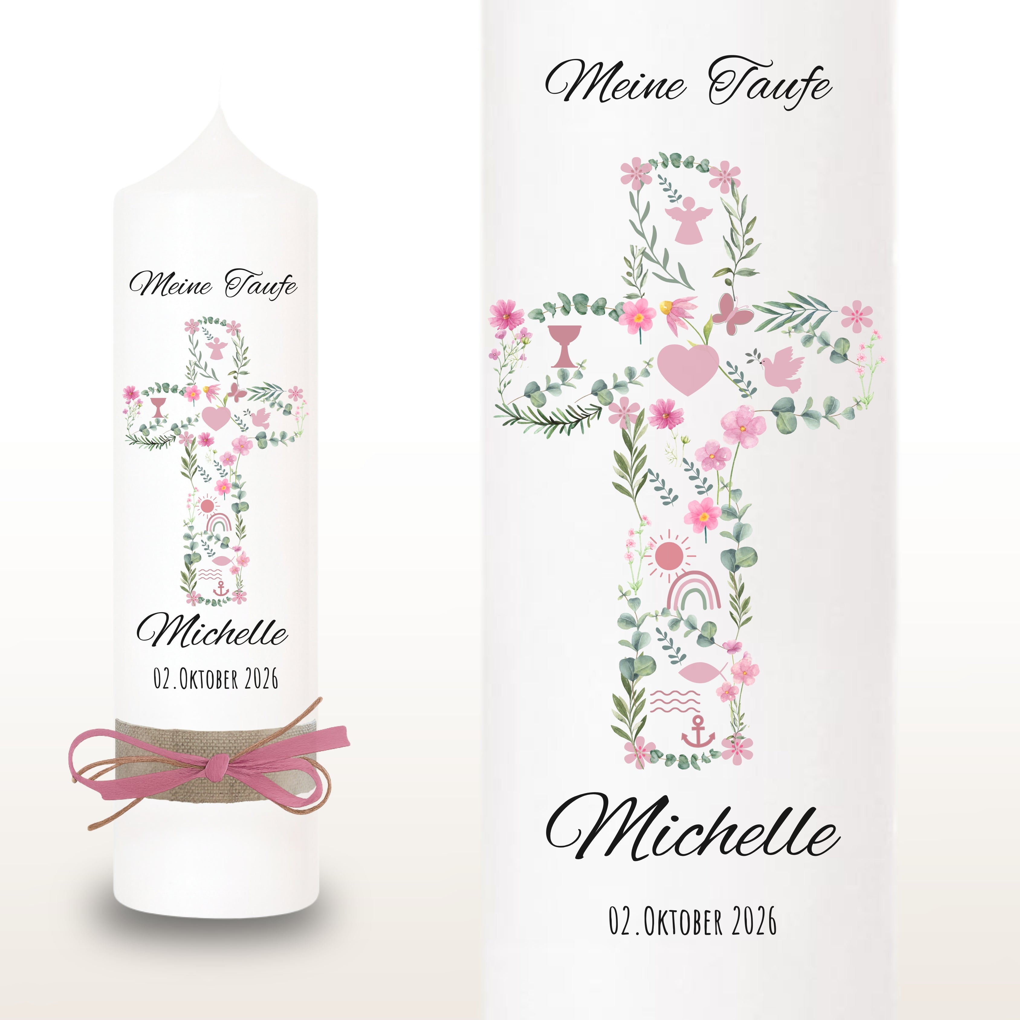 Taufkerze Kreuz Blumen Symbole rosa – Ansicht 2