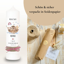 Lade das Bild in den Galerie-Viewer, Taufkerze &quot;Minna&quot; Wal hell blau mit christlichen Symbolen - personalisiert
