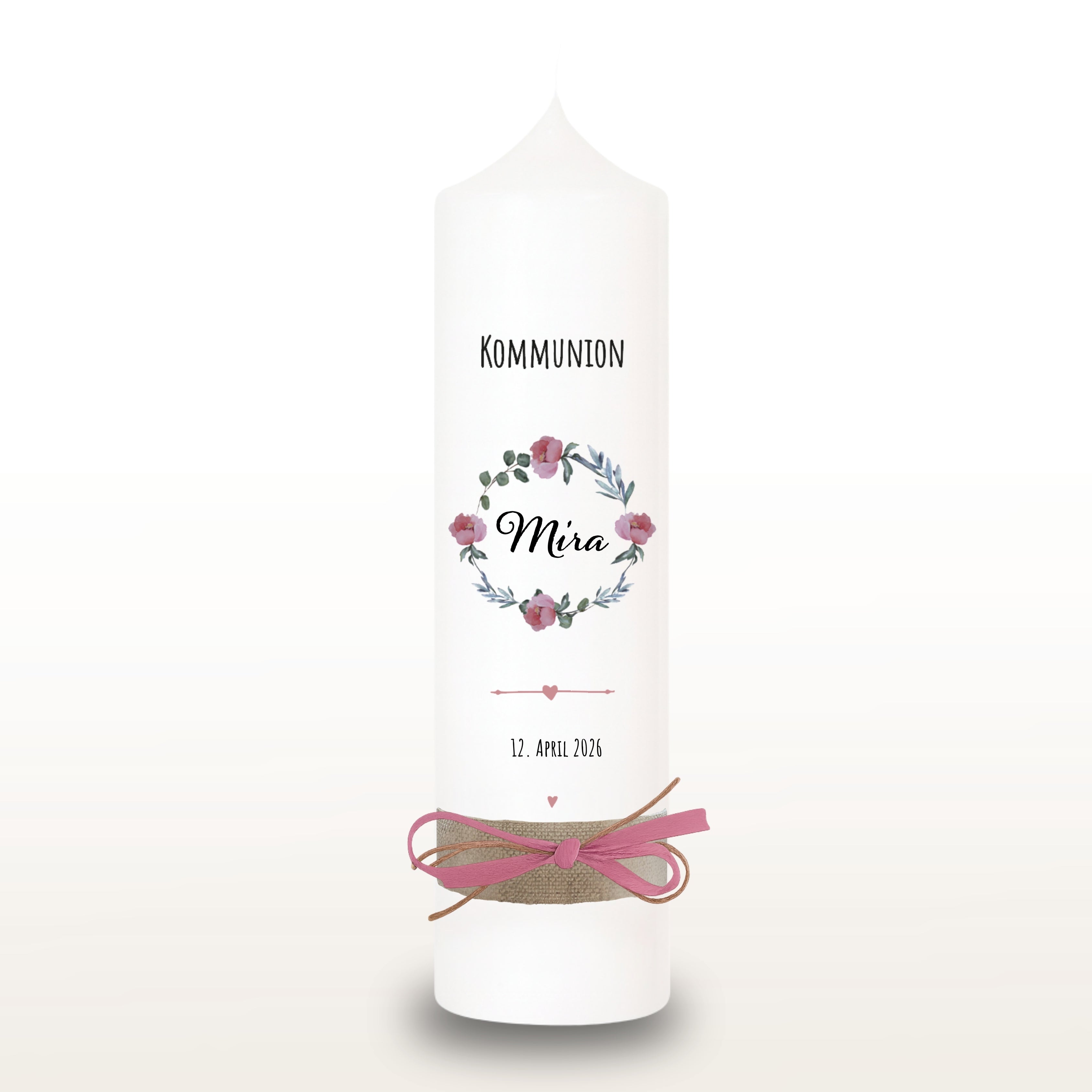 Kommunionkerze Pfingstrosen rosa für Mädchen – personalisiert