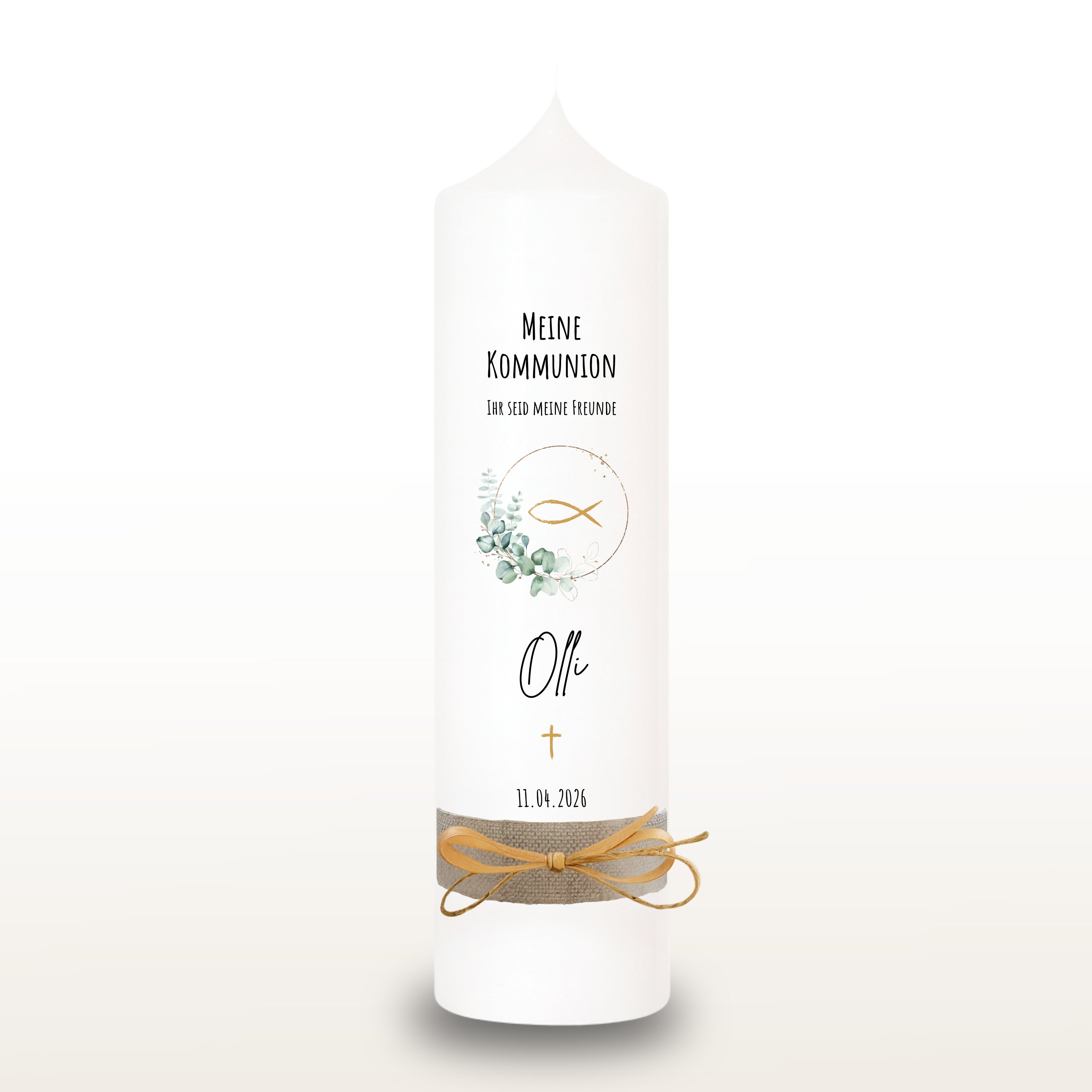 Kommunionkerze Eukalyptus gold für Mädchen – personalisiert