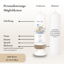 Lade das Bild in den Galerie-Viewer, Taufkerze &quot;Otto&quot; Wal hell blau mit christlichen Symbolen - personalisiert
