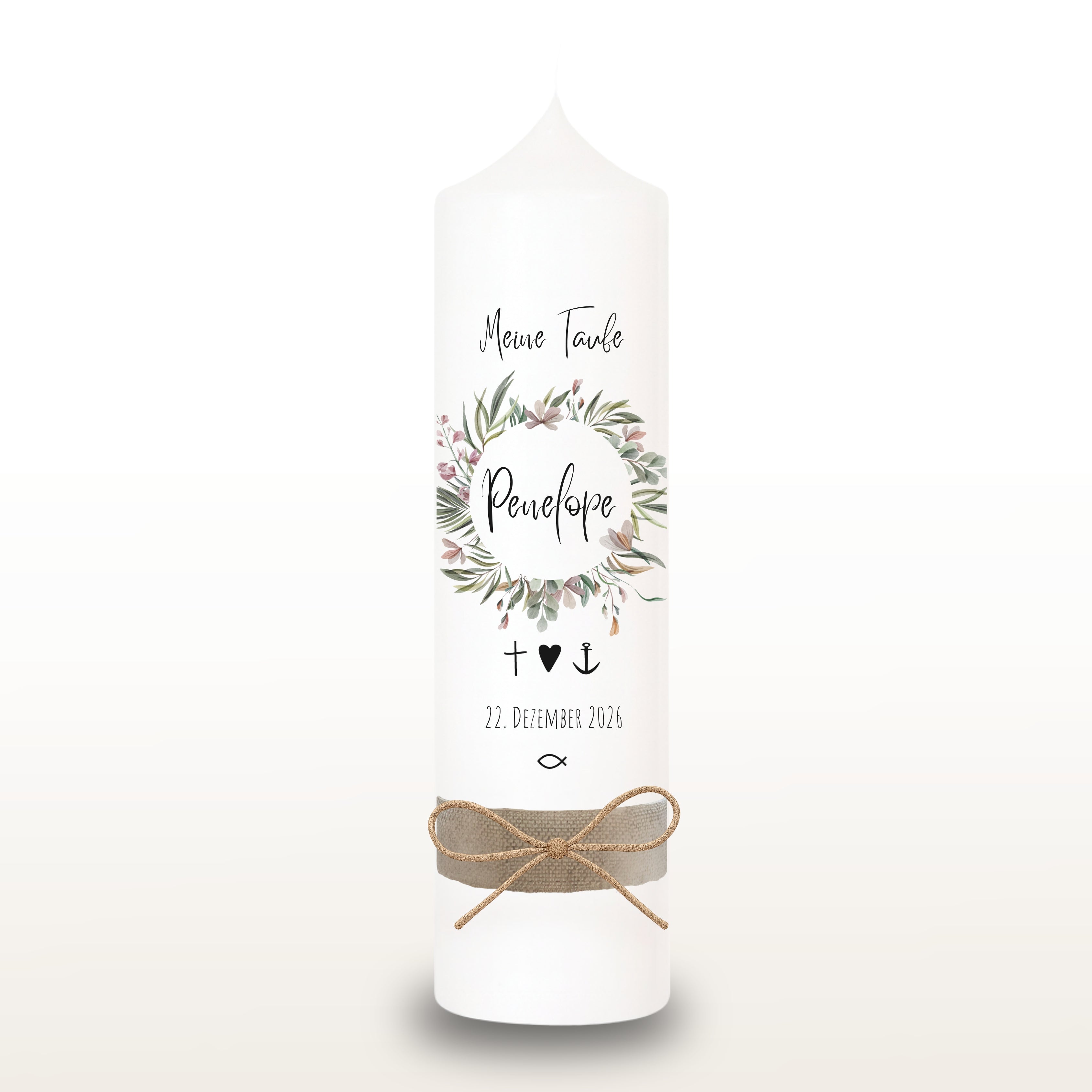 Taufkerze Blumenkranz rosa, personalisiert