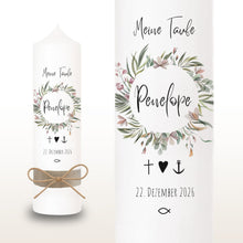 Load image into Gallery viewer, Taufkerze "Penelope" Blumenkranz - personalisiert
