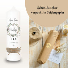 Load image into Gallery viewer, Taufkerze "Penelope" Blumenkranz - personalisiert
