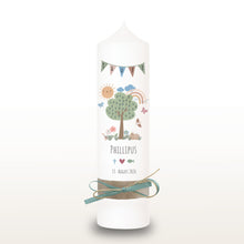 Lade das Bild in den Galerie-Viewer, Taufkerze &quot;Phillipus&quot; Wal hell blau mit christlichen Symbolen - personalisiert
