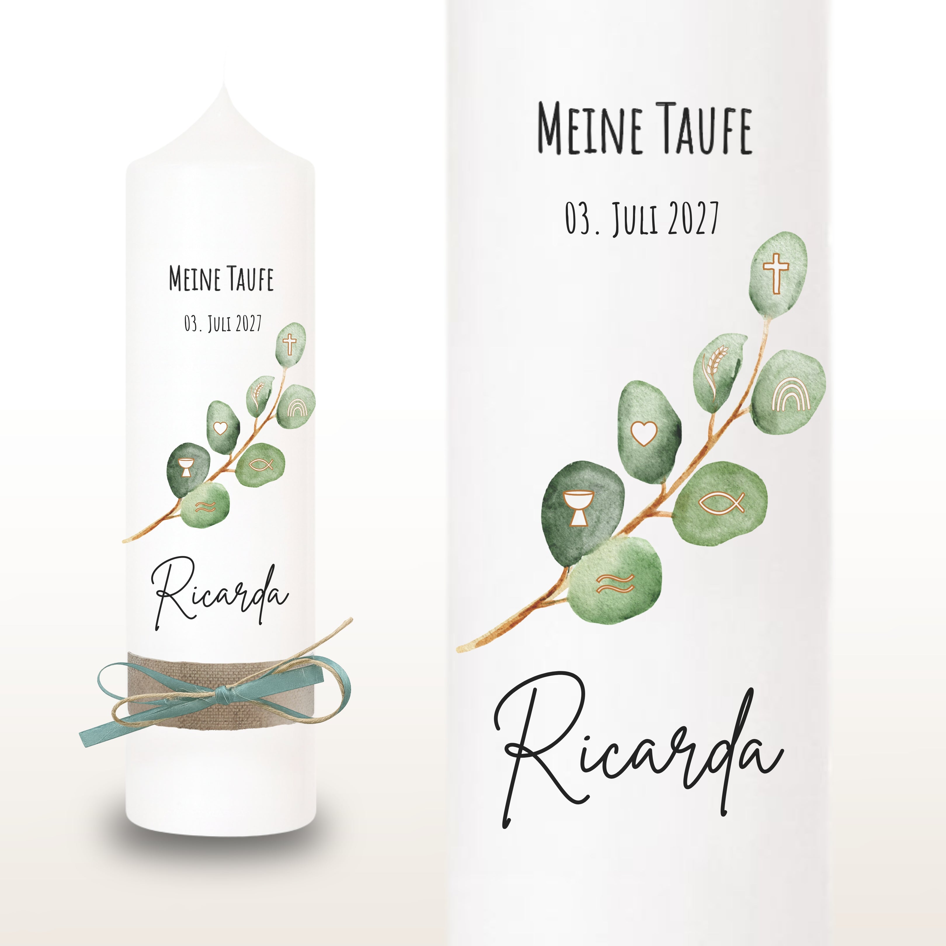 Taufkerze Eukalyptusfisch khaki – Ansicht 2