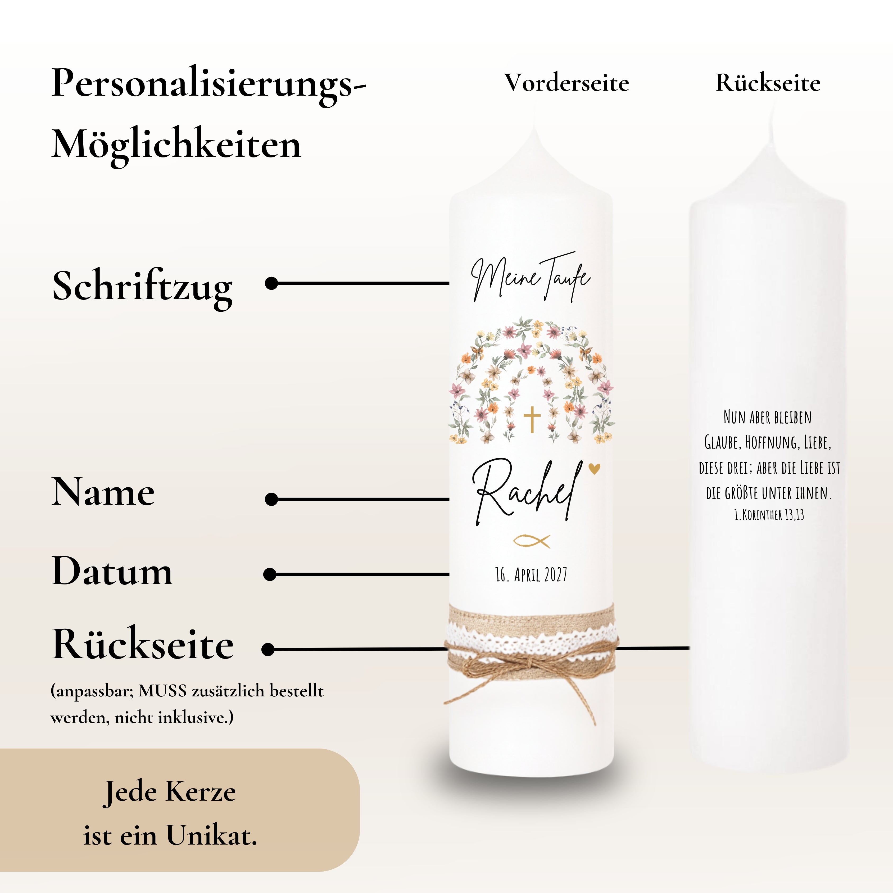 Taufkerze Regenbogen Blumen bunt – Ansicht 4