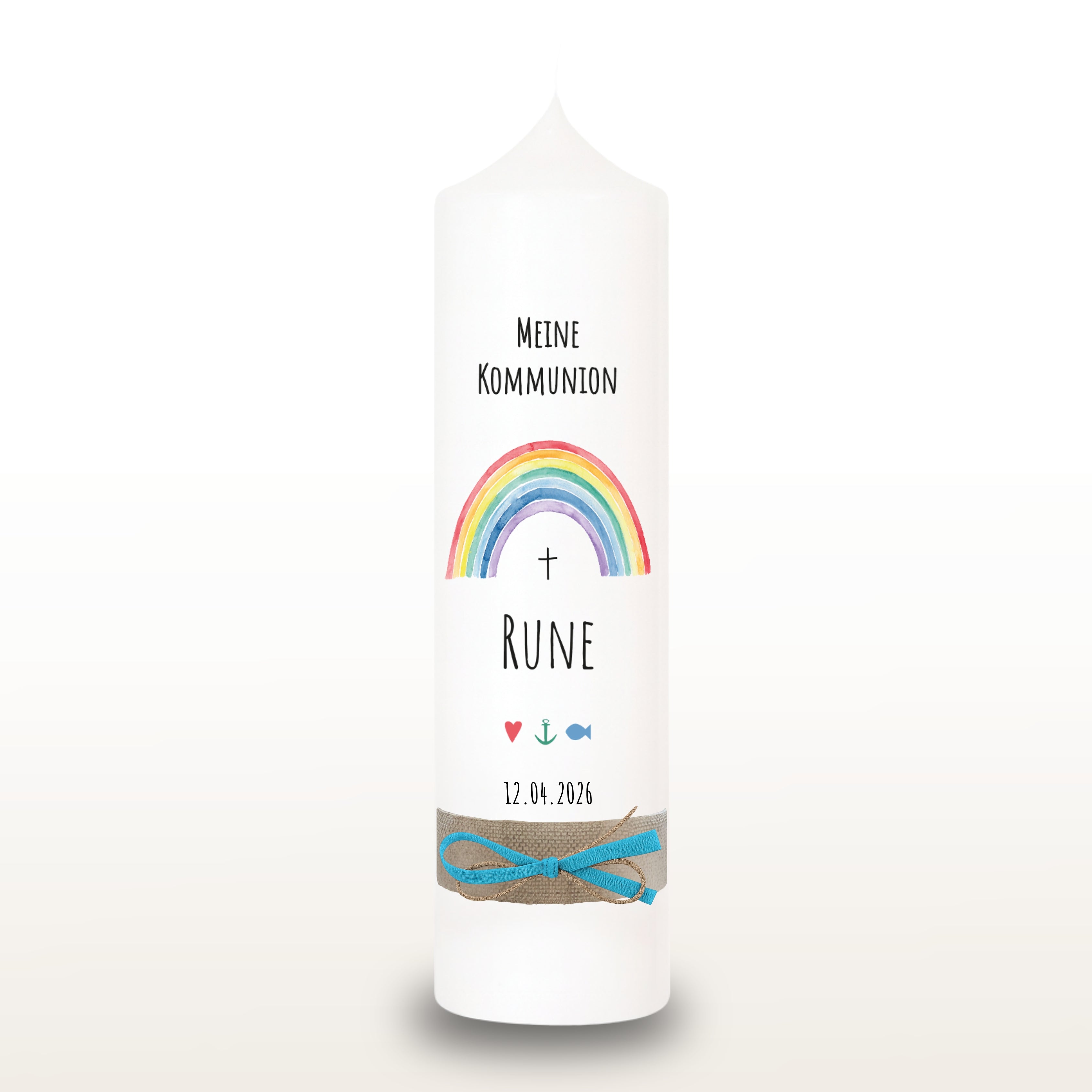 Kommunionkerze Regenbogen bunt für Mädchen – personalisiert