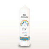 Kommunionkerze Regenbogen bunt für Mädchen – personalisiert