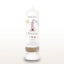 Lade das Bild in den Galerie-Viewer, Taufkerze &quot;Vanessa&quot; Wal hell blau mit christlichen Symbolen - personalisiert
