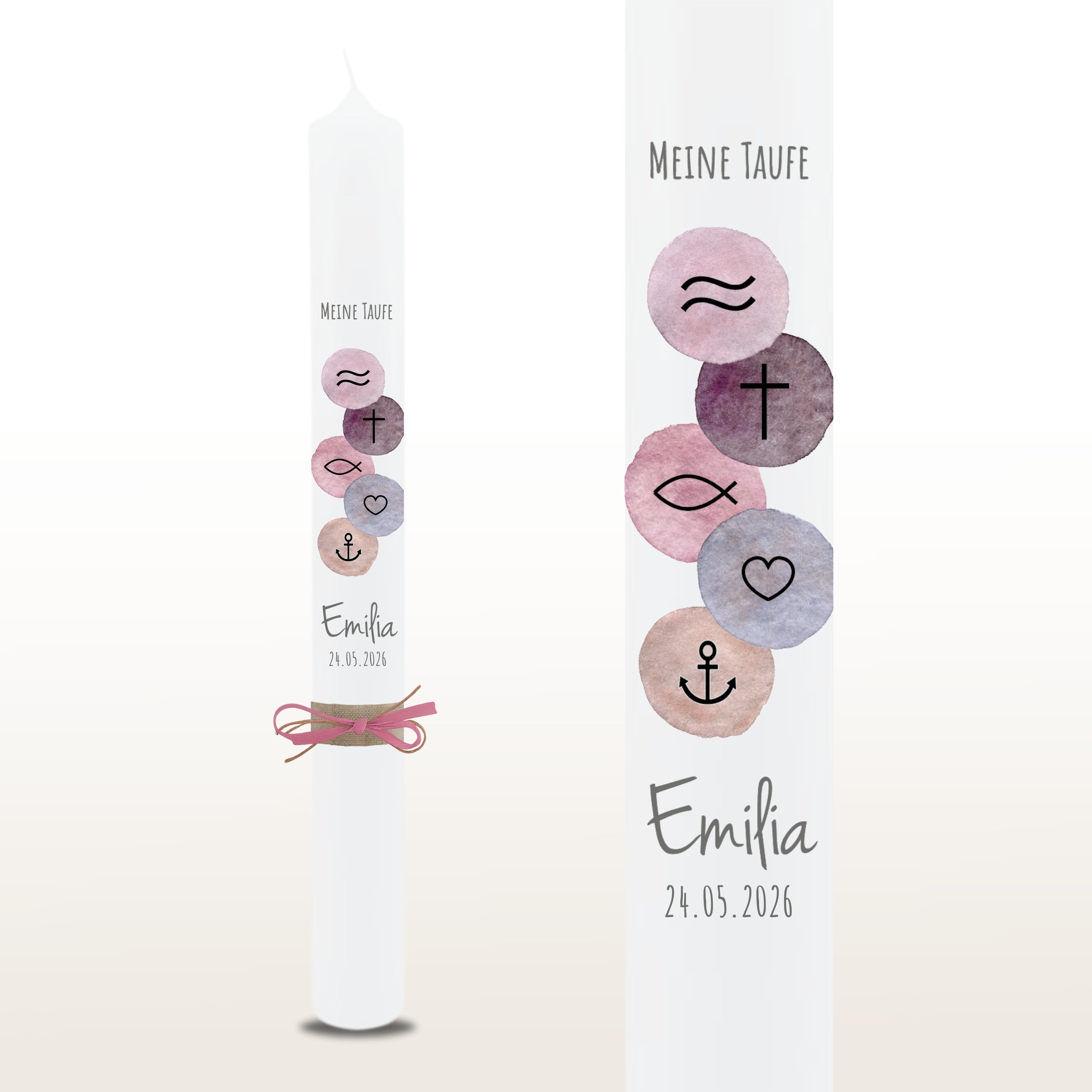 Taufkerze Symbole rosa – personalisiert